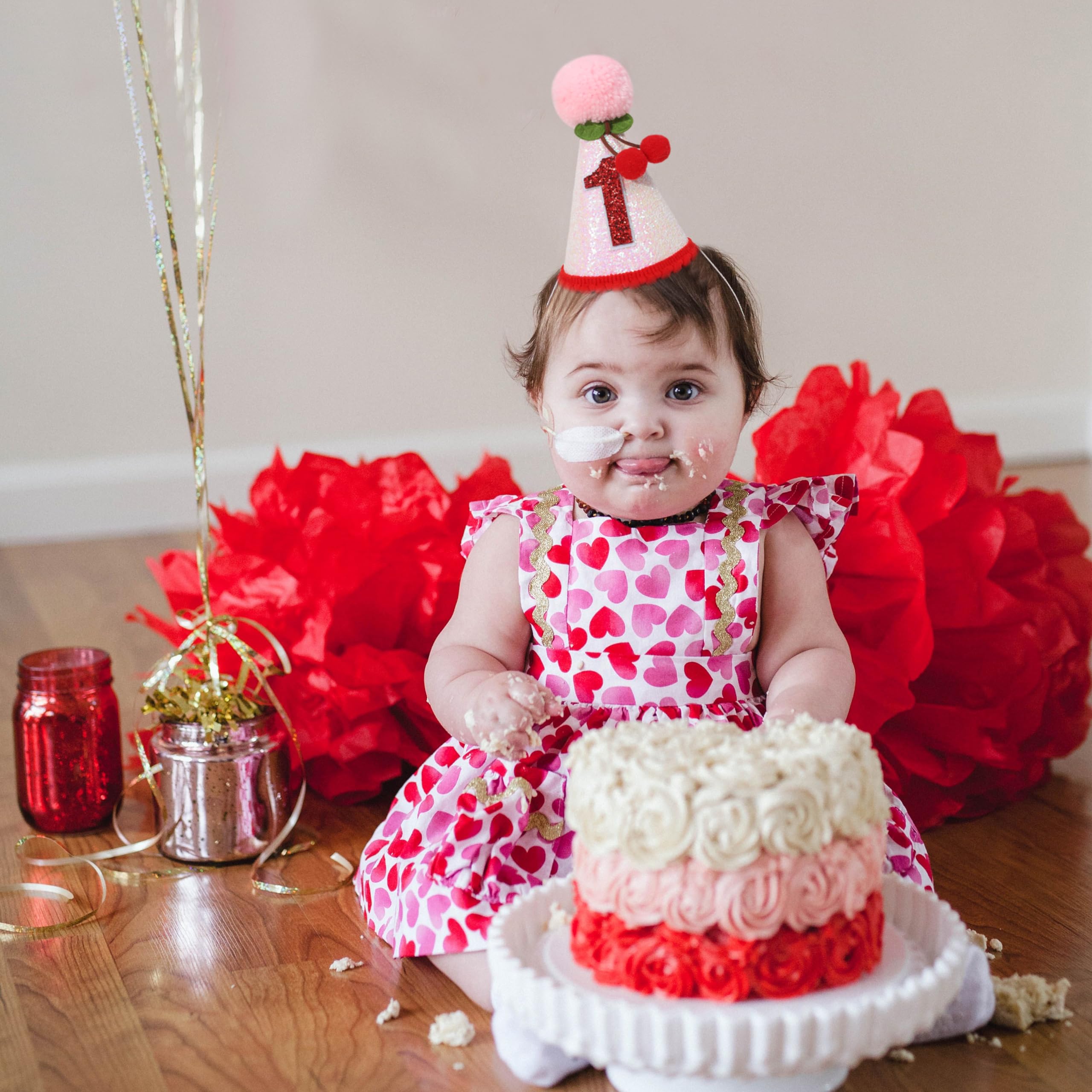 PATRDIO Cherry 1st Birthday Hat – Pink Glitter Crown for Girls | Fruit Theme Party Decor