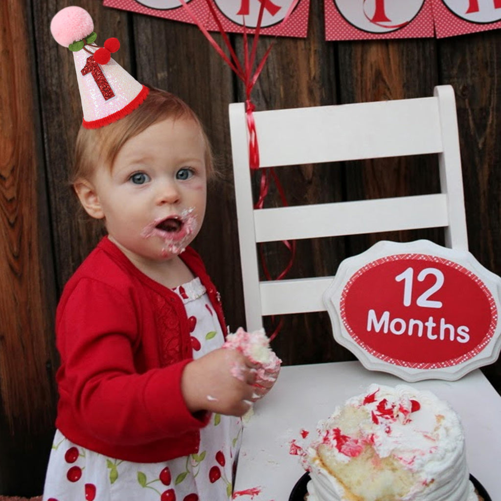 PATRDIO Cherry 1st Birthday Hat – Pink Glitter Crown for Girls | Fruit Theme Party Decor