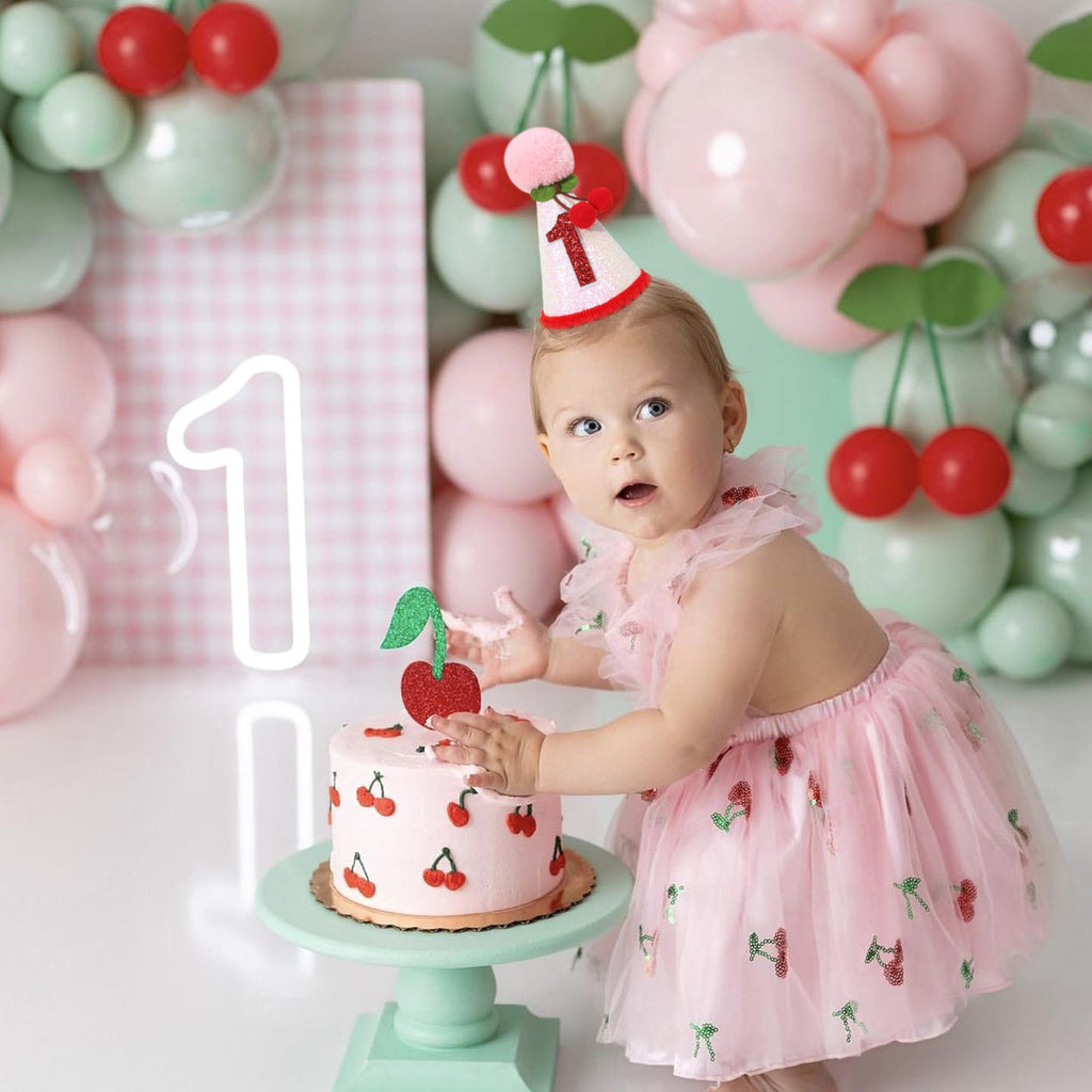 PATRDIO Cherry 1st Birthday Hat – Pink Glitter Crown for Girls | Fruit Theme Party Decor