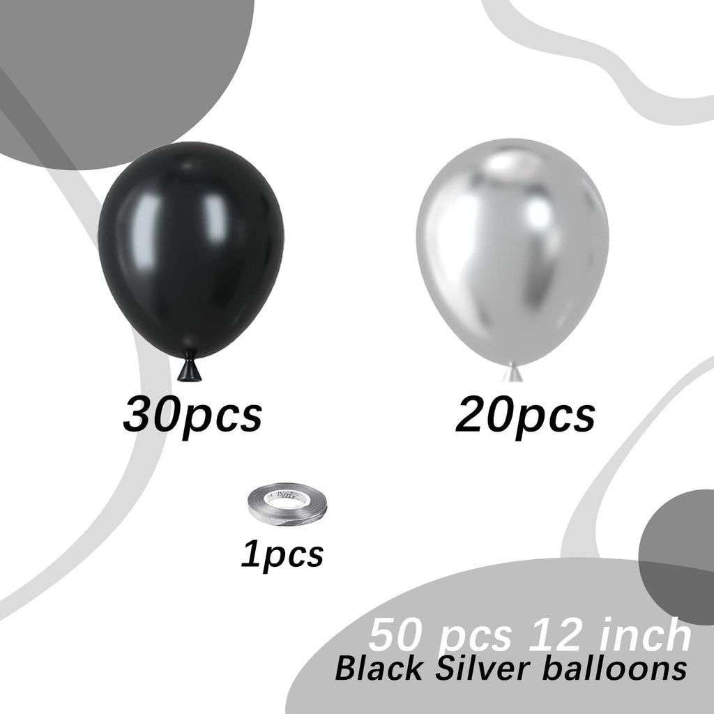 PATYDECRO Black & Silver Latex Balloons – 50pcs, 12-Inch with Ribbon