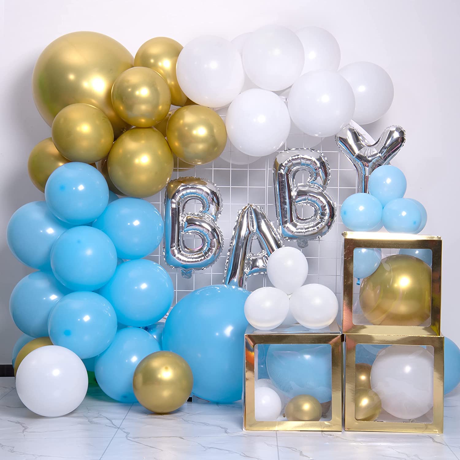 PATYDECRO Blue Gold White Latex Balloons – 50 Pack, 12in