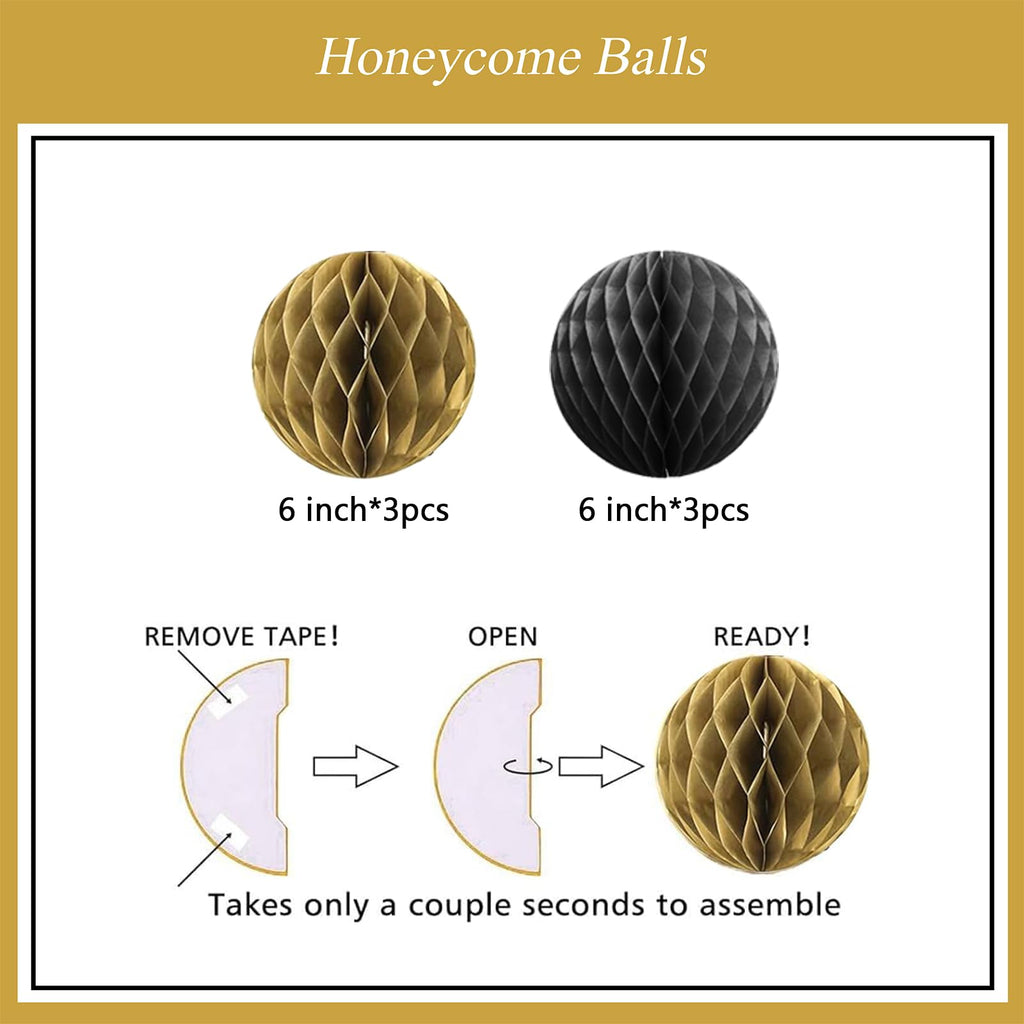 PATYDECRO Black and Gold Birthday Decorations – Happy Birthday Banner, Swirl Streamers, Honeycomb Balls & Circle Garland