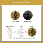 PATYDECRO Black and Gold Birthday Decorations – Happy Birthday Banner, Swirl Streamers, Honeycomb Balls & Circle Garland