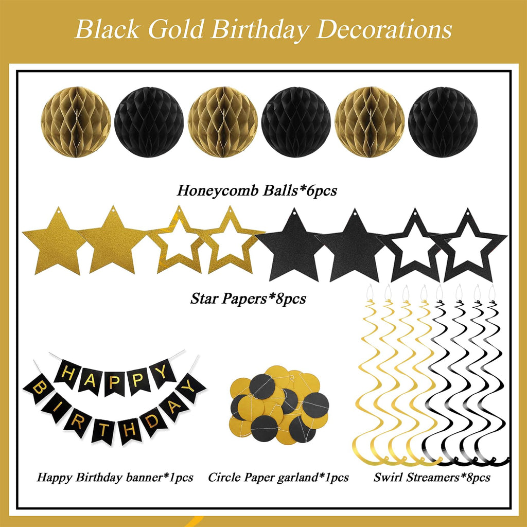 PATYDECRO Black and Gold Birthday Decorations – Happy Birthday Banner, Swirl Streamers, Honeycomb Balls & Circle Garland