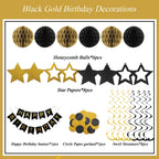 PATYDECRO Black and Gold Birthday Decorations – Happy Birthday Banner, Swirl Streamers, Honeycomb Balls & Circle Garland