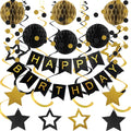 PATYDECRO Black and Gold Birthday Decorations – Happy Birthday Banner, Swirl Streamers, Honeycomb Balls & Circle Garland