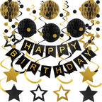 PATYDECRO Black and Gold Birthday Decorations – Happy Birthday Banner, Swirl Streamers, Honeycomb Balls & Circle Garland