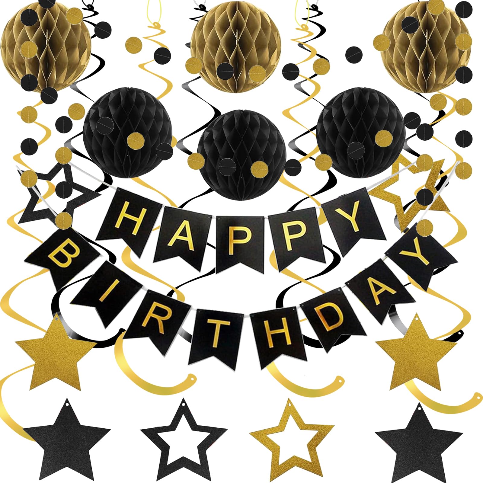 PATYDECRO Black and Gold Birthday Decorations – Happy Birthday Banner, Swirl Streamers, Honeycomb Balls & Circle Garland