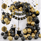 PATYDECRO Black and Gold Birthday Decorations – Happy Birthday Banner, Swirl Streamers, Honeycomb Balls & Circle Garland