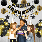 PATYDECRO Black and Gold Birthday Decorations – Happy Birthday Banner, Swirl Streamers, Honeycomb Balls & Circle Garland