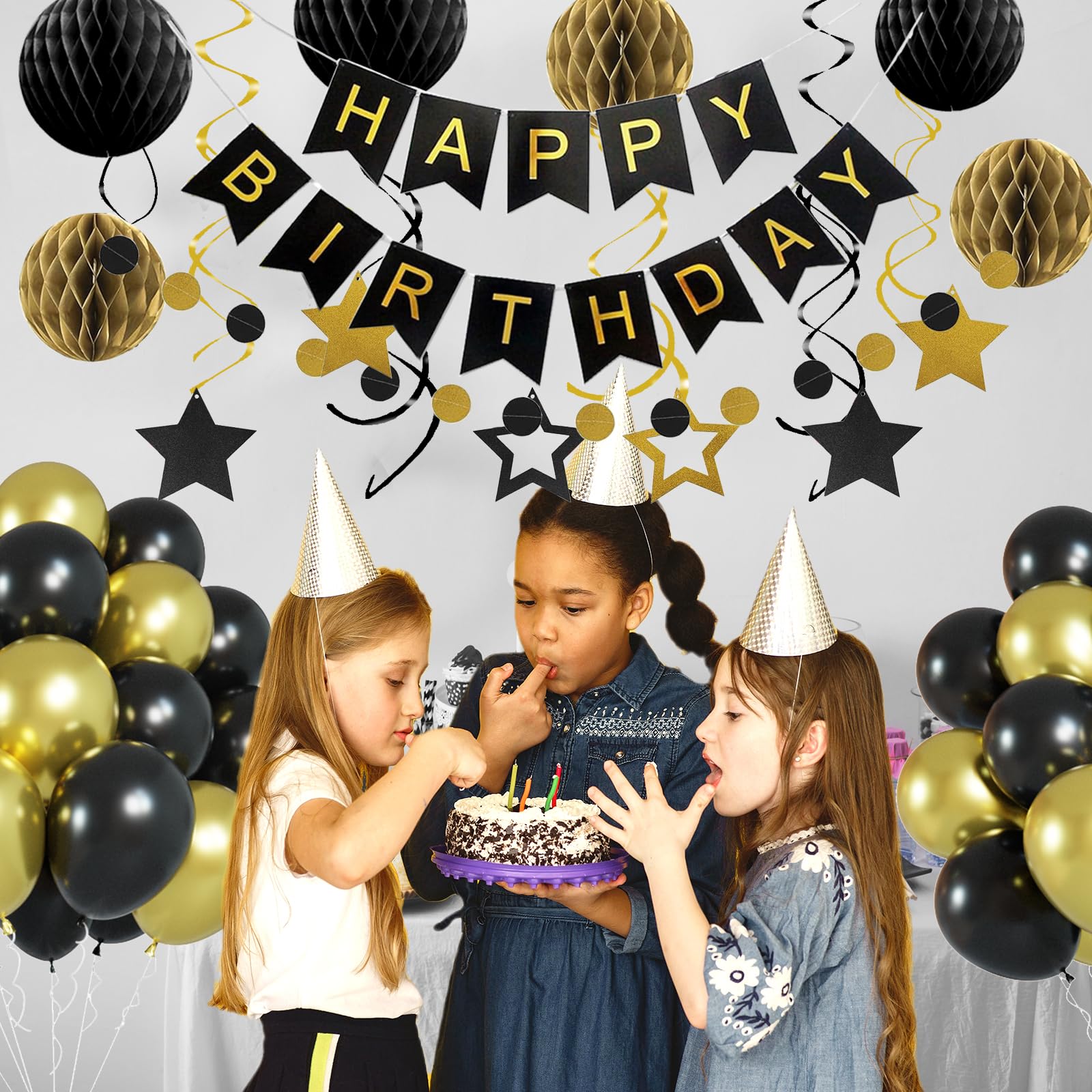 PATYDECRO Black and Gold Birthday Decorations – Happy Birthday Banner, Swirl Streamers, Honeycomb Balls & Circle Garland
