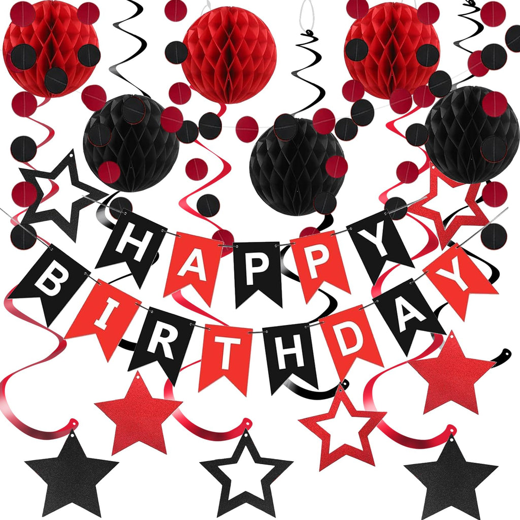 PATYDECRO Black and Red Birthday Decorations – Happy Birthday Banner, Star Swirl Streamers & Honeycomb Balls | Party Supplies