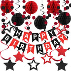 PATYDECRO Black and Red Birthday Decorations – Happy Birthday Banner, Star Swirl Streamers & Honeycomb Balls | Party Supplies