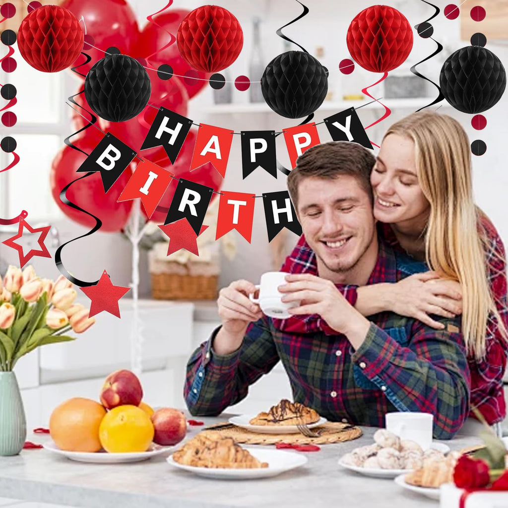 PATYDECRO Black and Red Birthday Decorations – Happy Birthday Banner, Star Swirl Streamers & Honeycomb Balls | Party Supplies