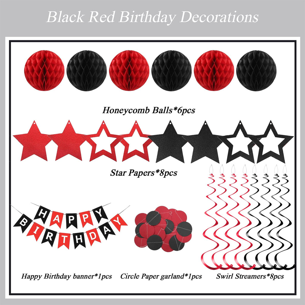 PATYDECRO Black and Red Birthday Decorations – Happy Birthday Banner, Star Swirl Streamers & Honeycomb Balls | Party Supplies