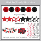 PATYDECRO Black and Red Birthday Decorations – Happy Birthday Banner, Star Swirl Streamers & Honeycomb Balls | Party Supplies