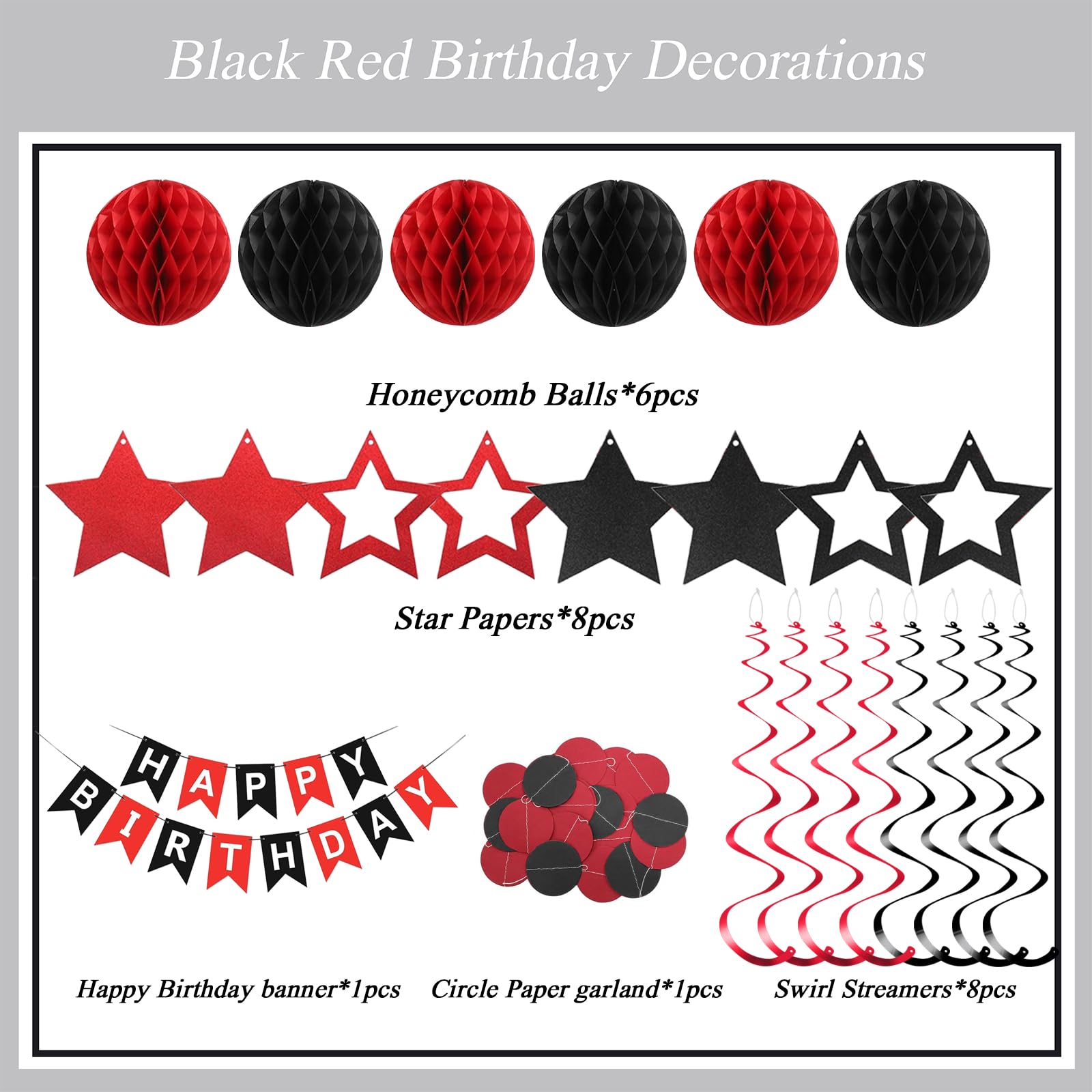 PATYDECRO Black and Red Birthday Decorations – Happy Birthday Banner, Star Swirl Streamers & Honeycomb Balls | Party Supplies
