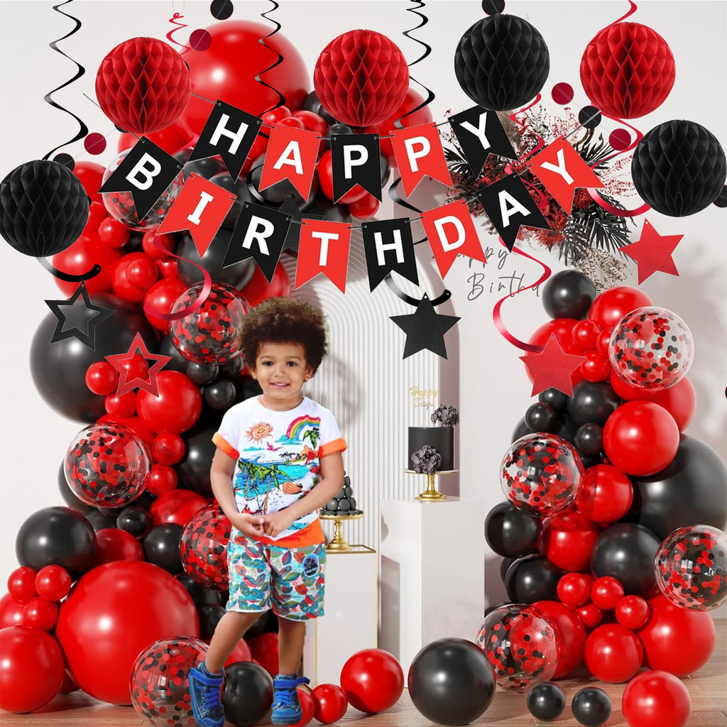 PATYDECRO Black and Red Birthday Decorations – Happy Birthday Banner, Star Swirl Streamers & Honeycomb Balls | Party Supplies
