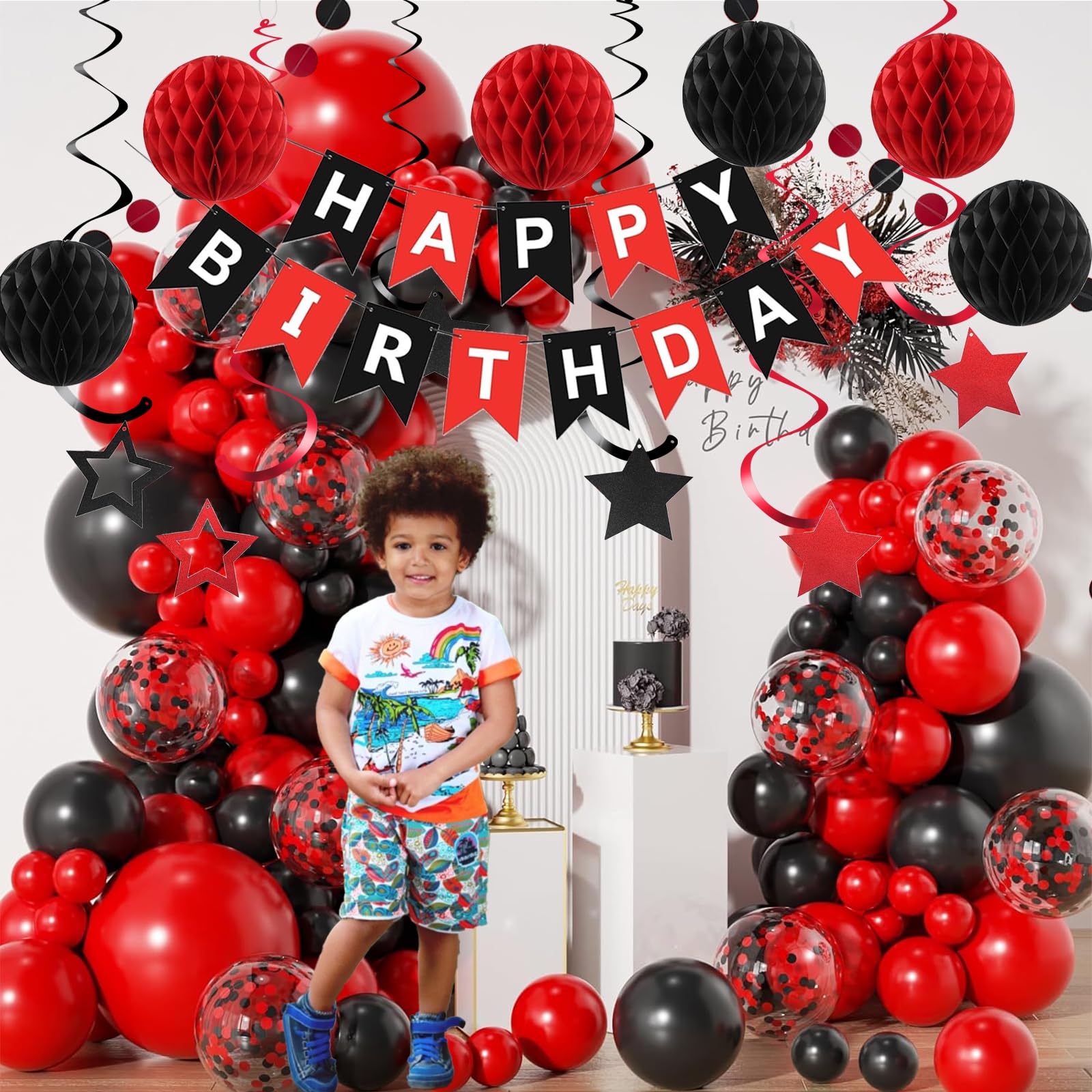 PATYDECRO Black and Red Birthday Decorations – Happy Birthday Banner, Star Swirl Streamers & Honeycomb Balls | Party Supplies