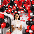 PATYDECRO Black and Red Birthday Decorations – Happy Birthday Banner, Star Swirl Streamers & Honeycomb Balls | Party Supplies