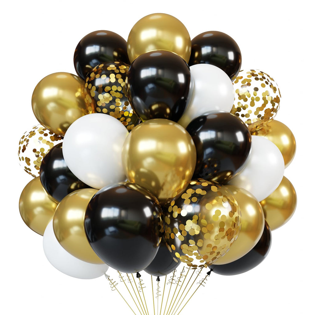 PATYDECRO Black White Gold Confetti Balloons Set – 50pcs, 12in Latex Balloons with Ribbon