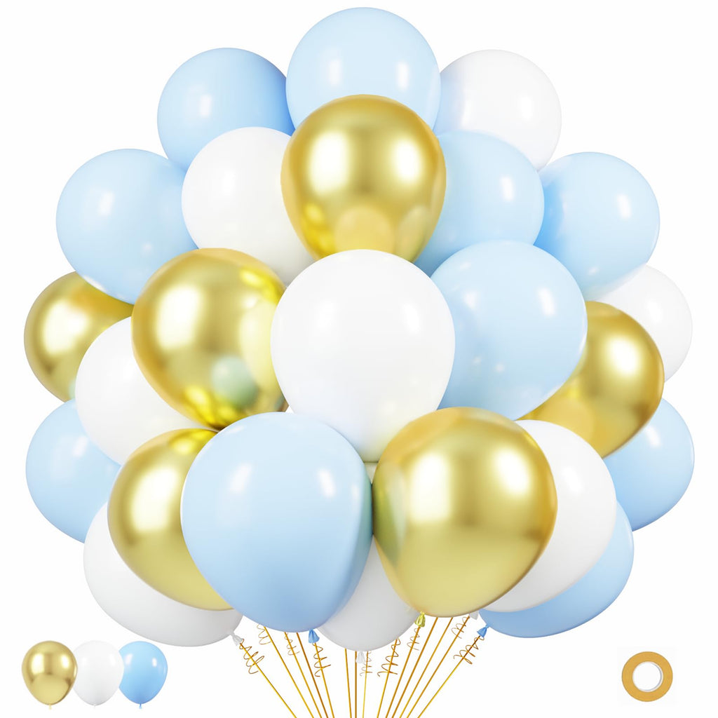 PATYDECRO Blue Gold White Latex Balloons – 50 Pack, 12in