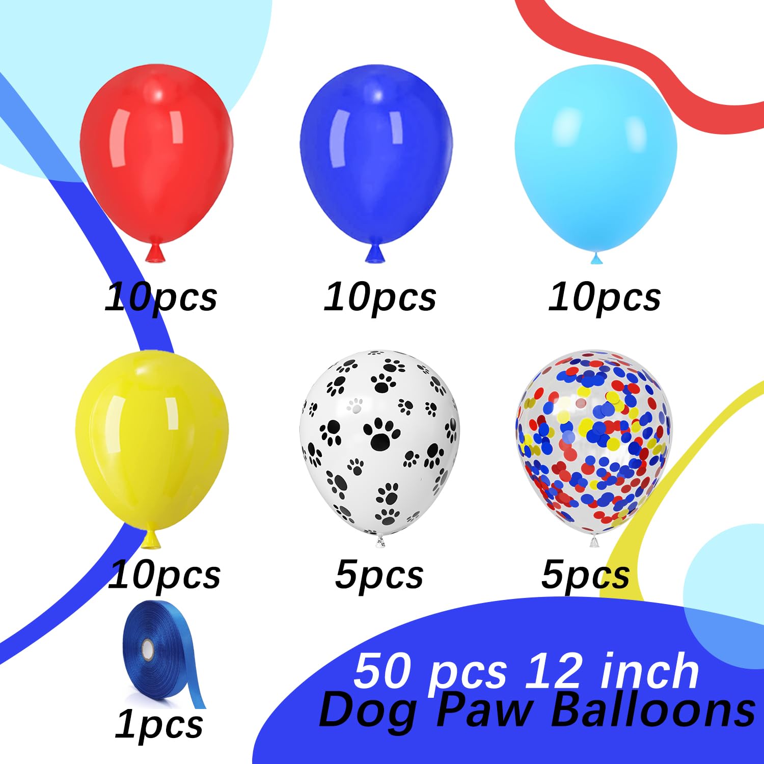 PATYDECRO Dog Paw Latex Balloons – 50pc Pack (12) with Ribbon | Royal Blue, Light Blue, Yellow, Red