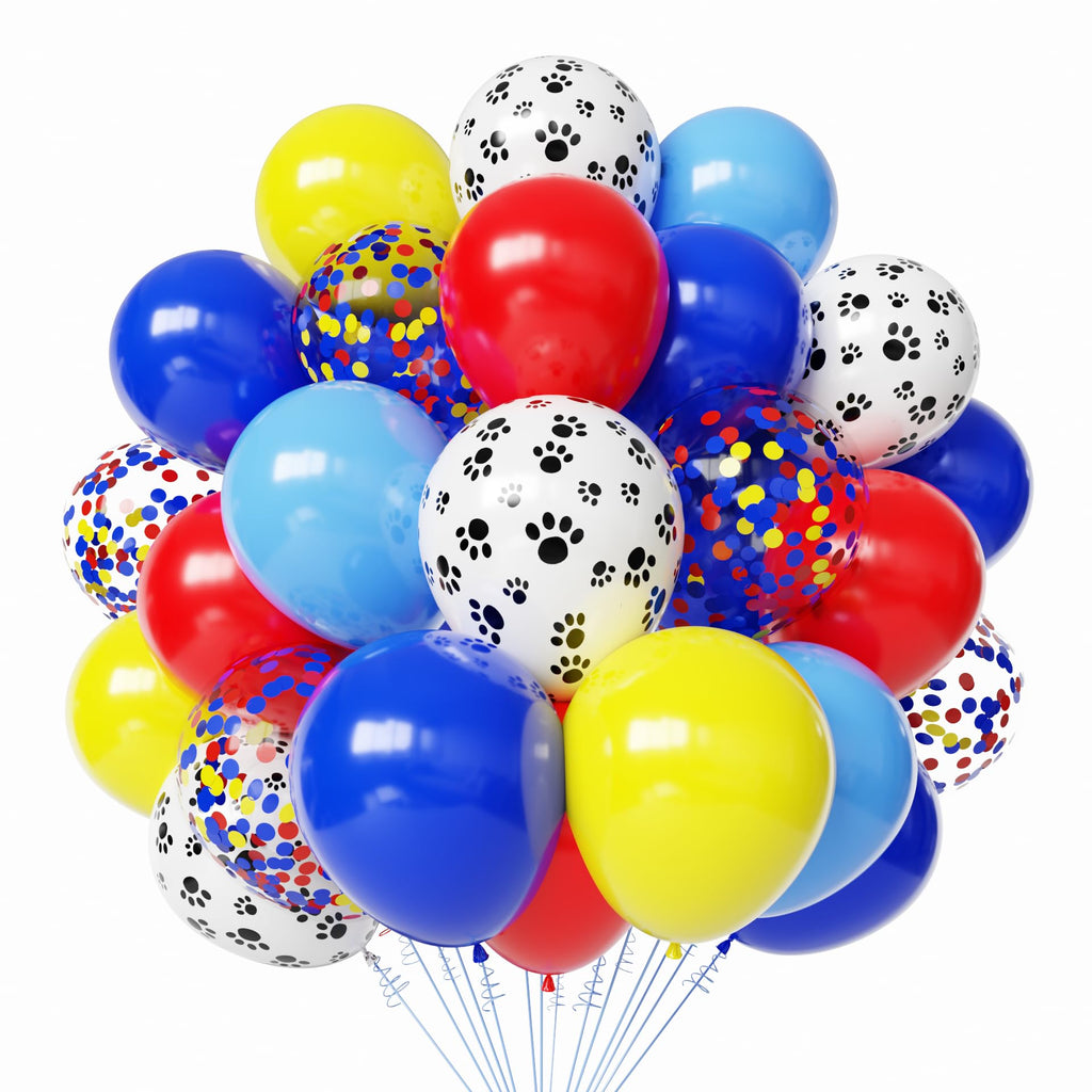 PATYDECRO Dog Paw Latex Balloons – 50pc Pack (12) with Ribbon | Royal Blue, Light Blue, Yellow, Red