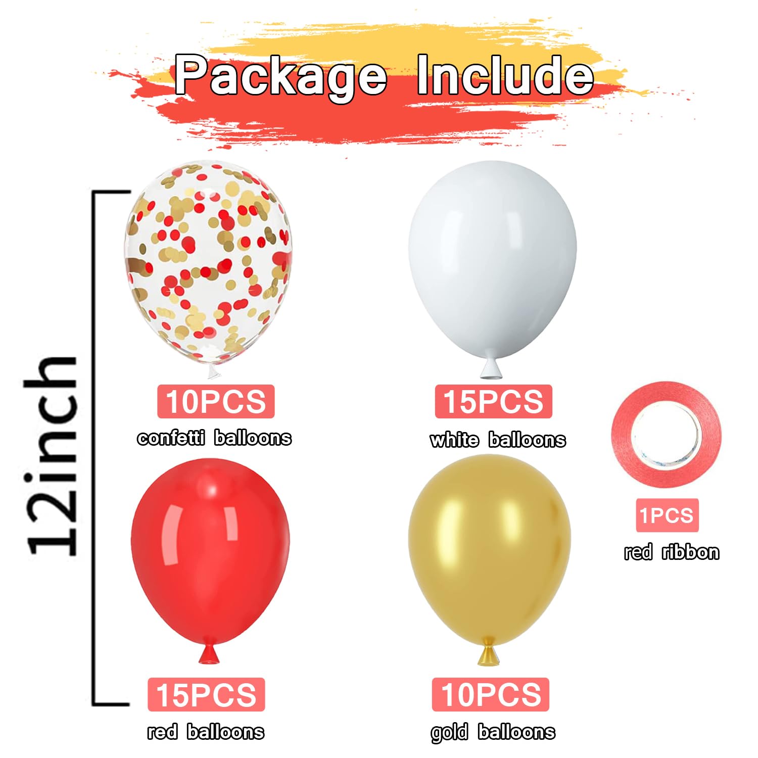 PATYDECRO Red White Gold Latex Balloons – 50pc, 12-inch, Confetti Gold with Ribbon