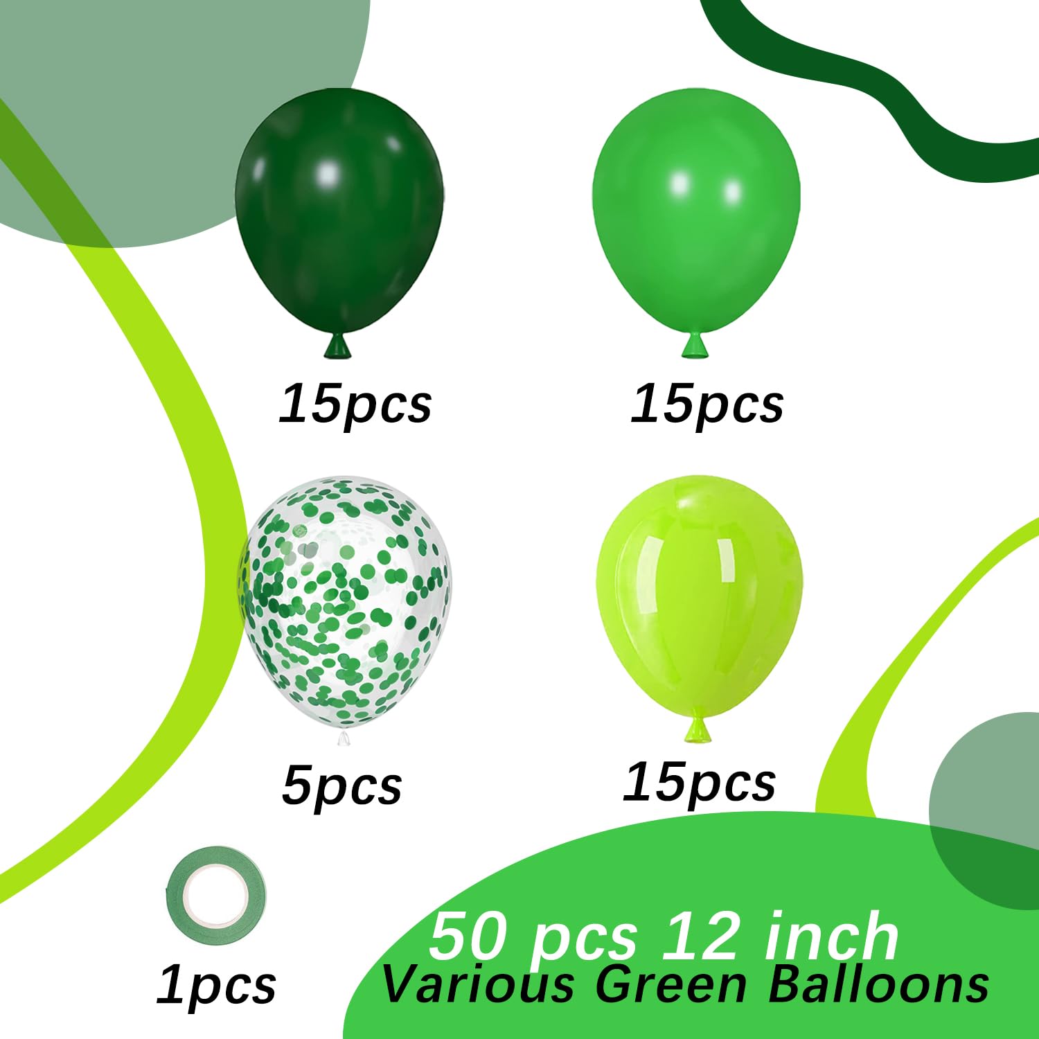 PATYDECRO Green Latex Balloons Set – 50pc 12in with Ribbon (Dark Green/Emerald/Lime) for Parties