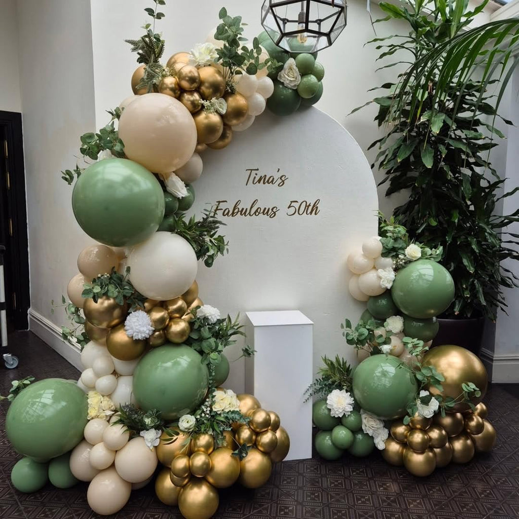 PATYDECRO Sage Green Gold Balloons – 50pcs 12\" Latex Confetti Balloon Set with Ribbon for Baby Shower, Wedding & Birthday Decor