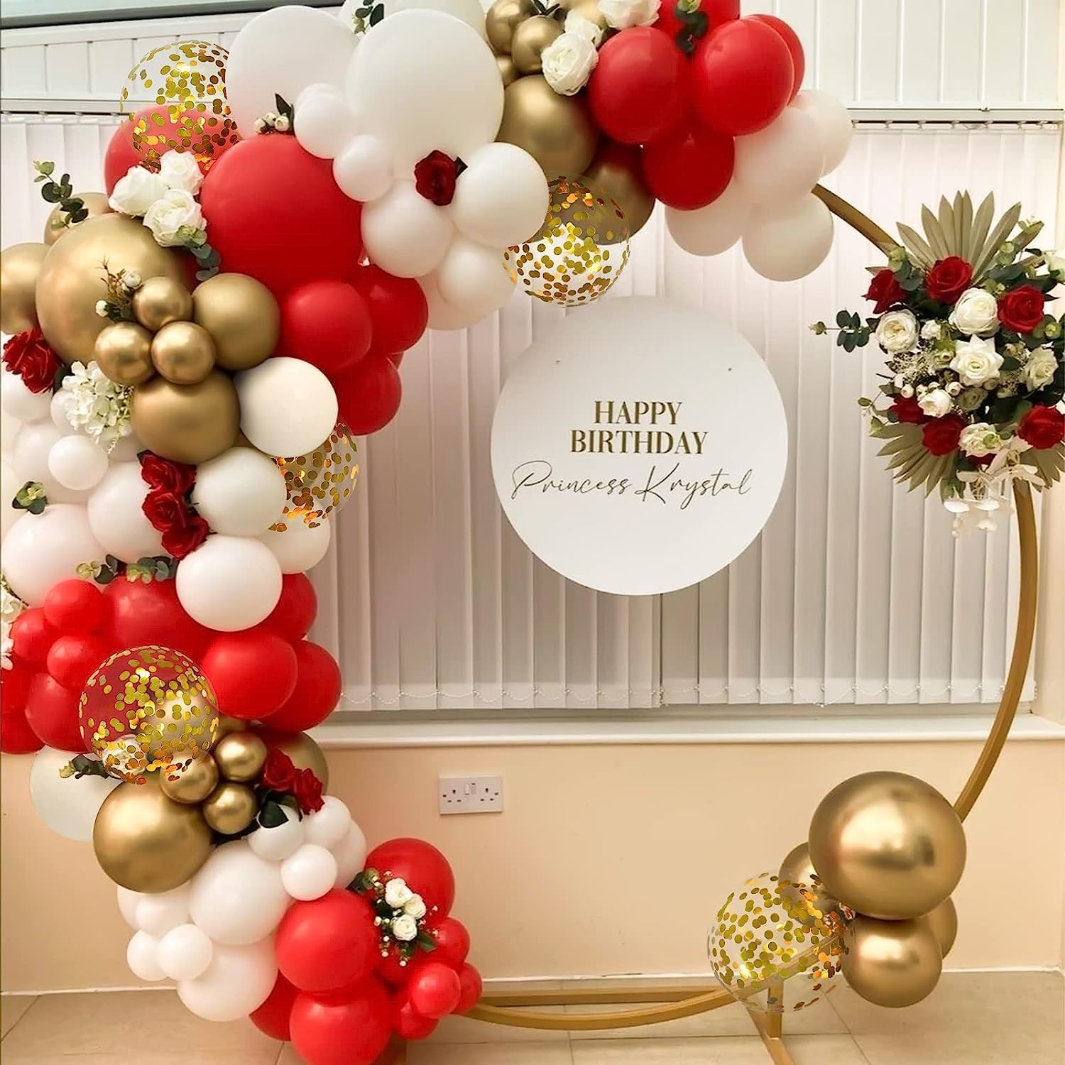 PATYDECRO Red White Gold Latex Balloons – 50pc, 12-inch, Confetti Gold with Ribbon