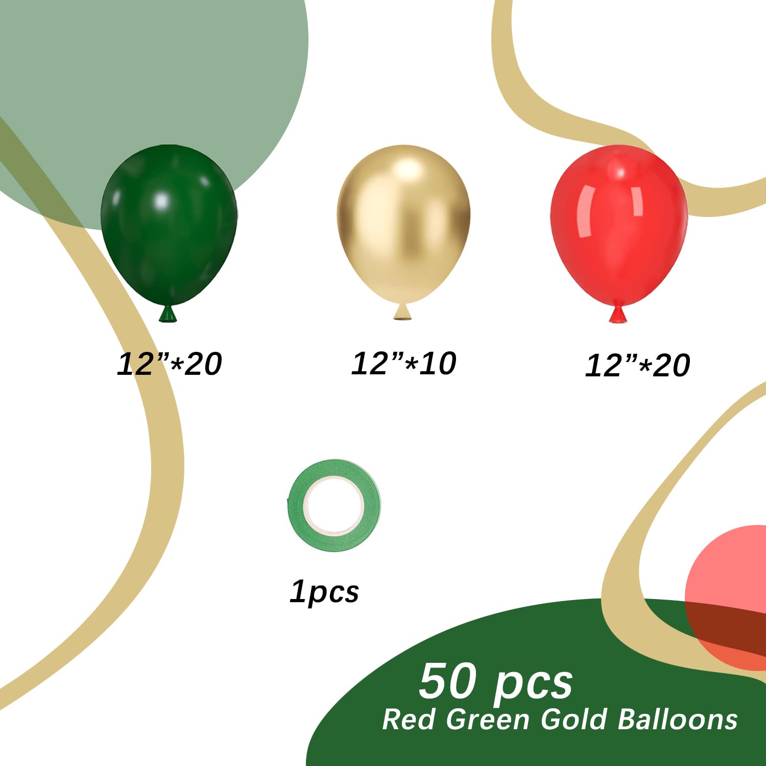 PATYDECRO Christmas Balloons Set - 50pcs 12in Red Green Gold with Ribbon