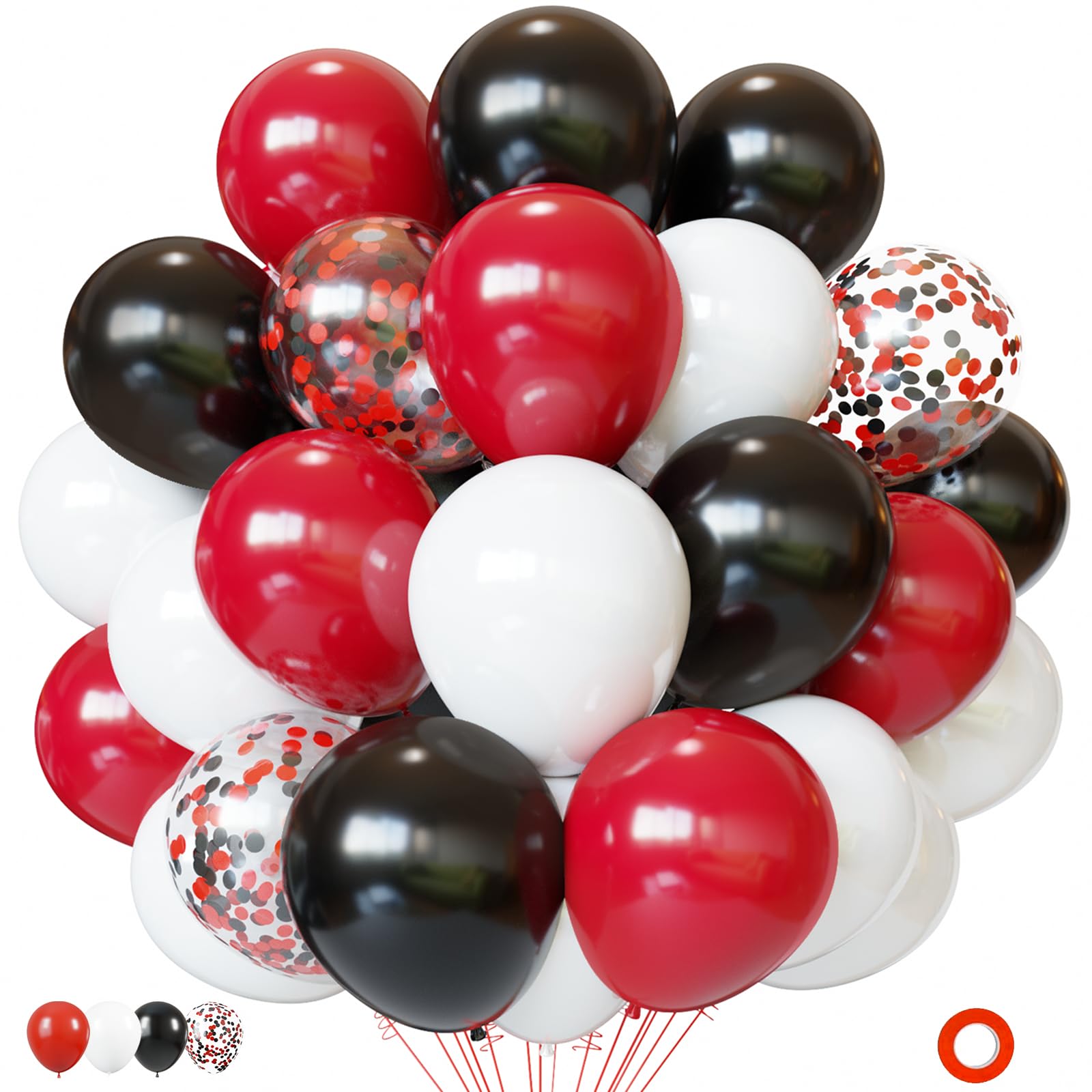 PATYDECRO Red & Black Latex Balloons – 50 Pack Confetti 12 Inch Party Balloons with Ribbon