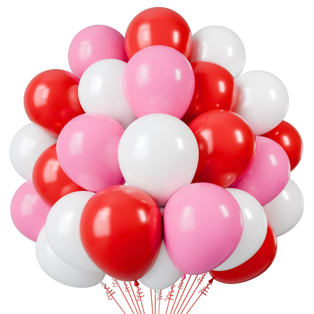 PATYDECRO Red, White & Pink Balloons – 50pcs 12in Latex with Ribbon for Valentines, Weddings & Birthdays