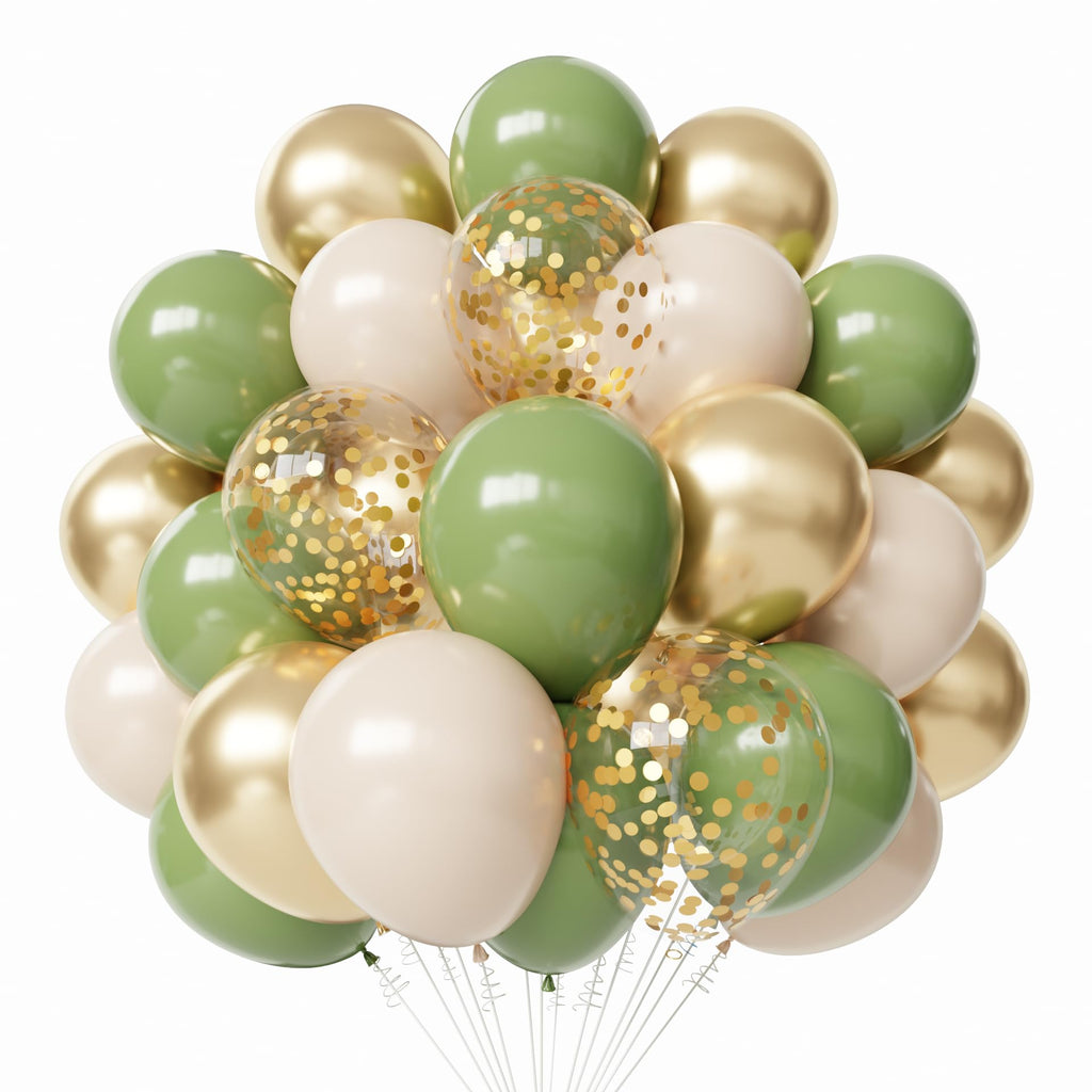 PATYDECRO Sage Green Gold Balloons – 50pcs 12\" Latex Confetti Balloon Set with Ribbon for Baby Shower, Wedding & Birthday Decor