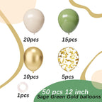 PATYDECRO Sage Green Gold Balloons – 50pcs 12\" Latex Confetti Balloon Set with Ribbon for Baby Shower, Wedding & Birthday Decor