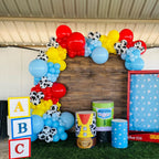 PATYDECRO Toy Inspired Story Balloons – 60pcs, 12in, Cow Pattern, Cloud Yellow, Red & Blue + Ribbon | Birthday & Baby Shower Decor