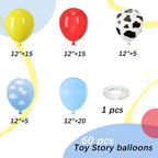 PATYDECRO Toy Inspired Story Balloons – 60pcs, 12in, Cow Pattern, Cloud Yellow, Red & Blue + Ribbon | Birthday & Baby Shower Decor