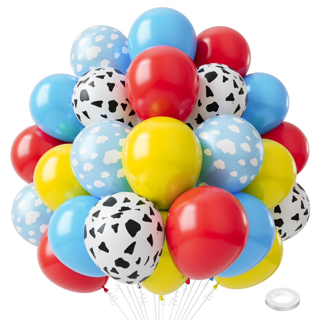 PATYDECRO Toy Inspired Story Balloons – 60pcs, 12in, Cow Pattern, Cloud Yellow, Red & Blue + Ribbon | Birthday & Baby Shower Decor