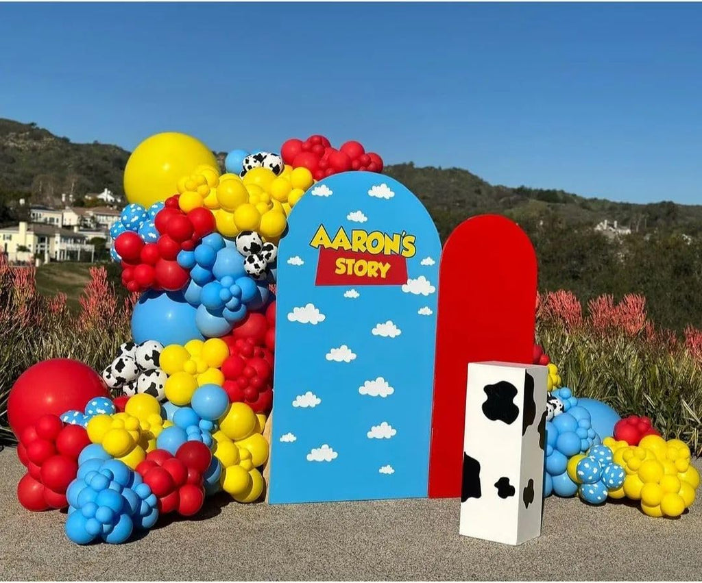 PATYDECRO Toy Inspired Story Balloons – 60pcs, 12in, Cow Pattern, Cloud Yellow, Red & Blue + Ribbon | Birthday & Baby Shower Decor