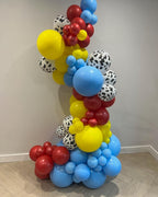 PATYDECRO Toy Inspired Story Balloons – 60pcs, 12in, Cow Pattern, Cloud Yellow, Red & Blue + Ribbon | Birthday & Baby Shower Decor