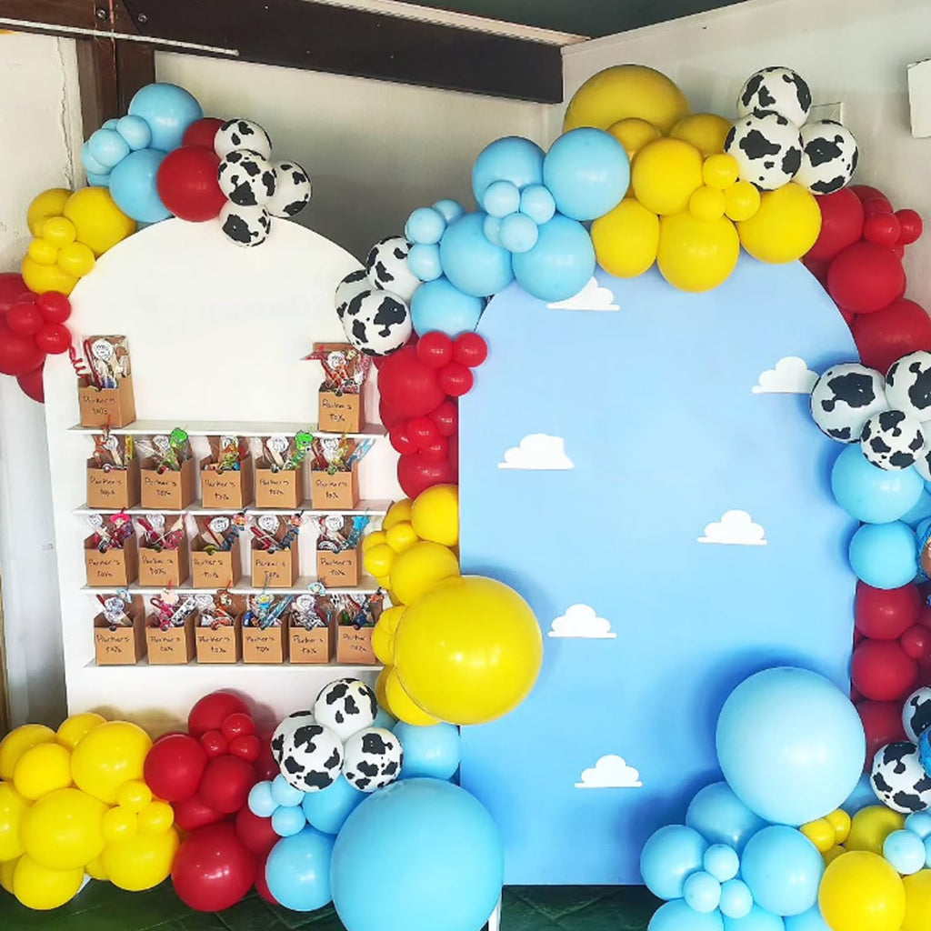 PATYDECRO Toy Inspired Story Balloons – 60pcs, 12in, Cow Pattern, Cloud Yellow, Red & Blue + Ribbon | Birthday & Baby Shower Decor
