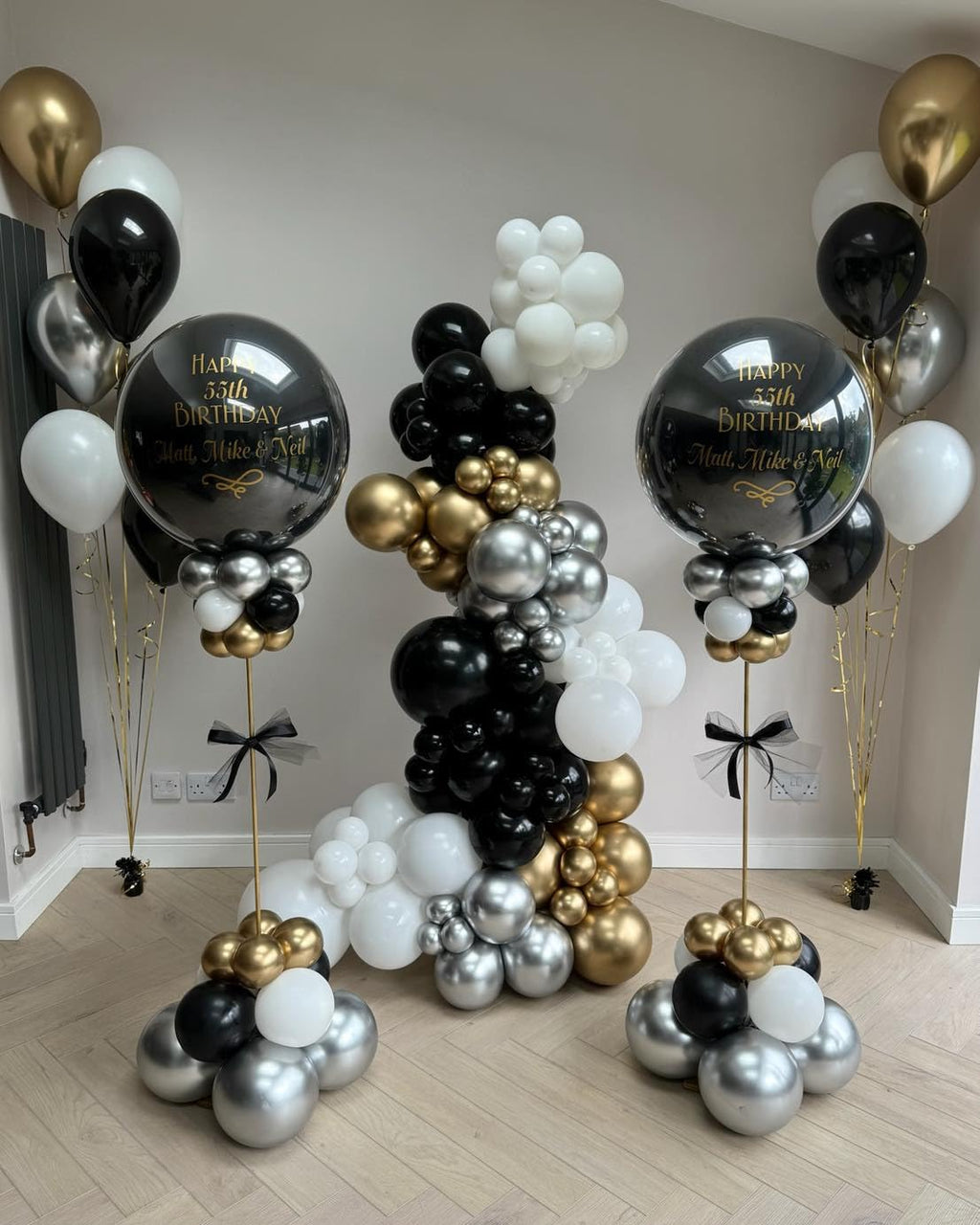 PATYDECRO Black White Gold Confetti Balloons Set – 50pcs, 12in Latex Balloons with Ribbon