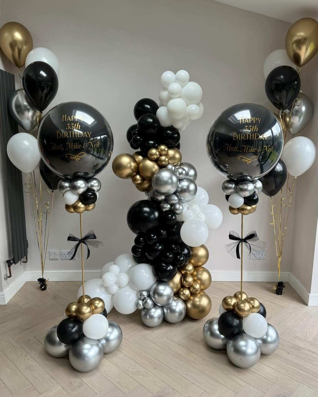 PATYDECRO Black White Gold Confetti Balloons Set – 50pcs, 12in Latex Balloons with Ribbon