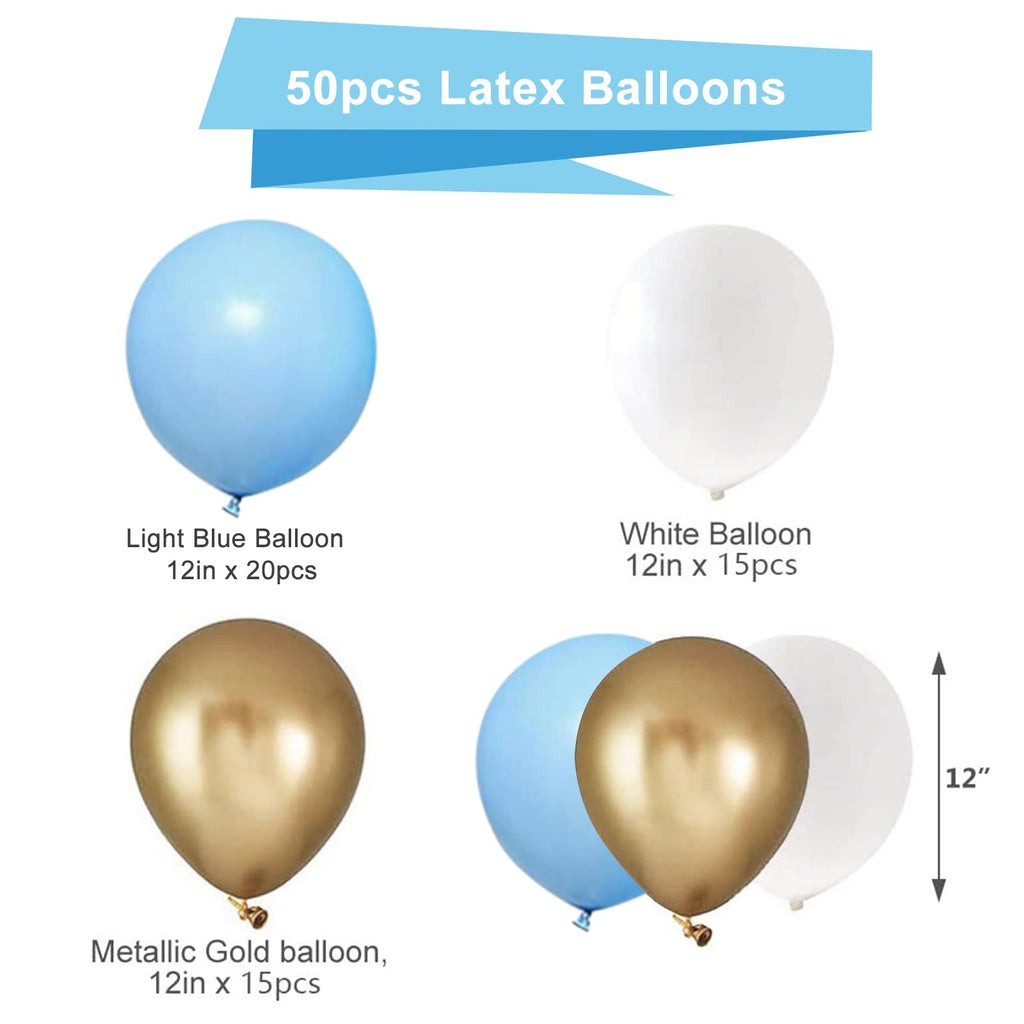 PATYDECRO Blue Gold White Latex Balloons – 50 Pack, 12in