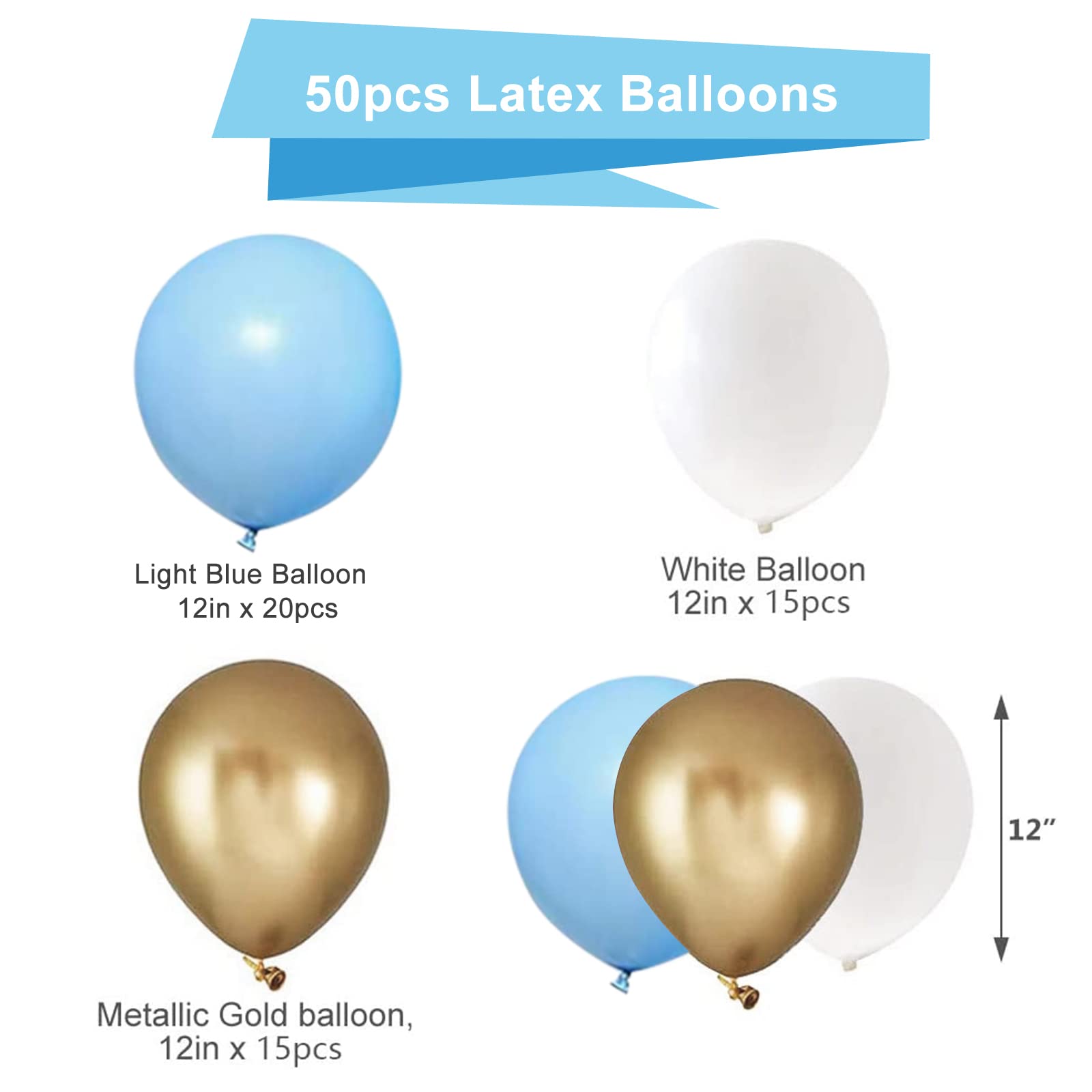 PATYDECRO Blue Gold White Latex Balloons – 50 Pack, 12in