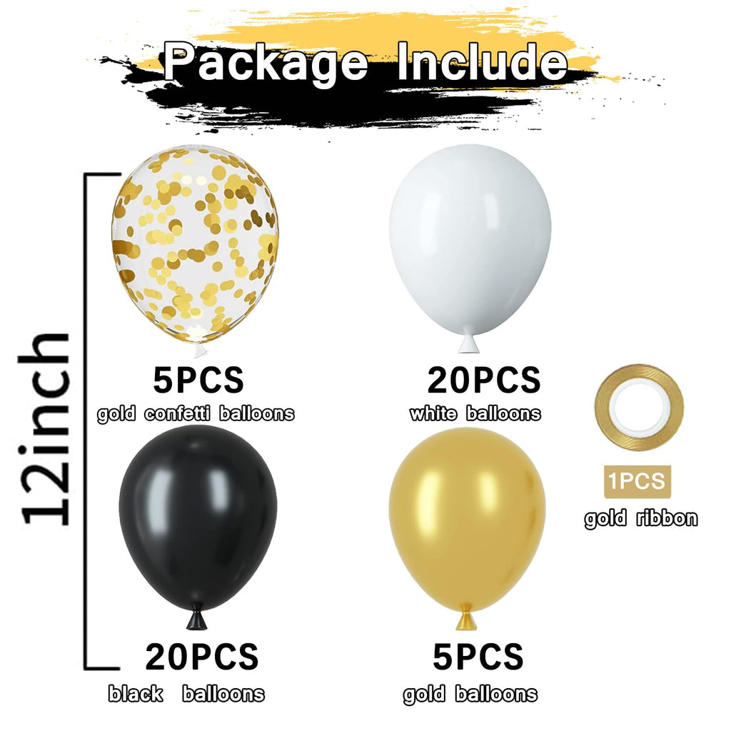 PATYDECRO Black White Gold Confetti Balloons Set – 50pcs, 12in Latex Balloons with Ribbon