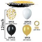PATYDECRO Black White Gold Confetti Balloons Set – 50pcs, 12in Latex Balloons with Ribbon