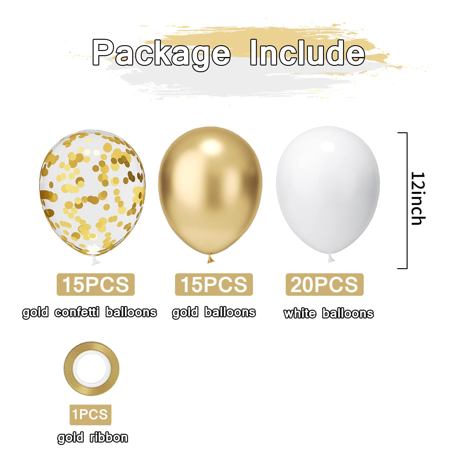 PATYDECRO White & Gold Confetti Balloons – 50 Pack, 12-inch, Party Decor for Weddings & More